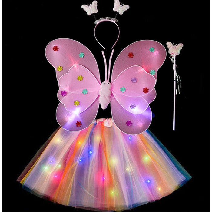 Costum Fluturas cu Aripi Modelabile Luminoase pentru Copii, Klevo, Fusta din Tul cu Lumini, Bagheta si Bentita, 4 piese, Pentru Halloween, Roleplay, Craciun, Carnaval, Paste, Ziua Copilului, Bumbac/Poliester, Marime universala, Curcubeu