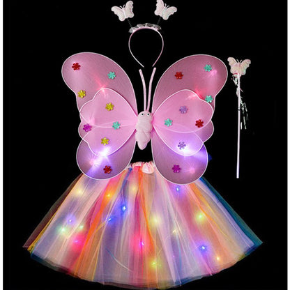 Costum Fluturas cu Aripi Modelabile Luminoase pentru Copii, Klevo, Fusta din Tul cu Lumini, Bagheta si Bentita, 4 piese, Pentru Halloween, Roleplay, Craciun, Carnaval, Paste, Ziua Copilului, Bumbac/Poliester, Marime universala, Curcubeu