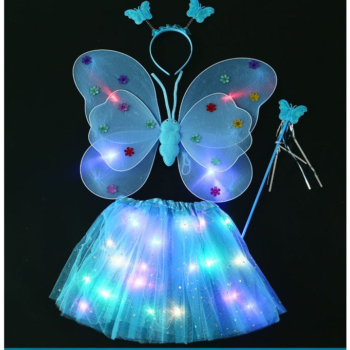Costum Fluturas cu Aripi Modelabile Luminoase pentru Copii, Klevo, Fusta din Tul cu Lumini, Bagheta si Bentita, 4 piese, Pentru Halloween, Roleplay, Craciun, Carnaval, Paste, Ziua Copilului, Bumbac/Poliester, Marime universala, Albastru