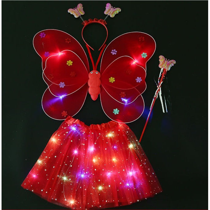 Costum Fluturas cu Aripi Modelabile Luminoase pentru Copii, Klevo, Fusta din Tul cu Lumini, Bagheta si Bentita, 4 piese, Pentru Halloween, Roleplay, Craciun, Carnaval, Paste, Ziua Copilului, Bumbac/Poliester, Marime universala, Rosu