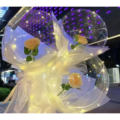 Buchet Decorativ, Klevo, Trandafir in Balon cu Lumini Led, Diametru 35 cm, 2 x Baterii AA (neincluse), Sampanie