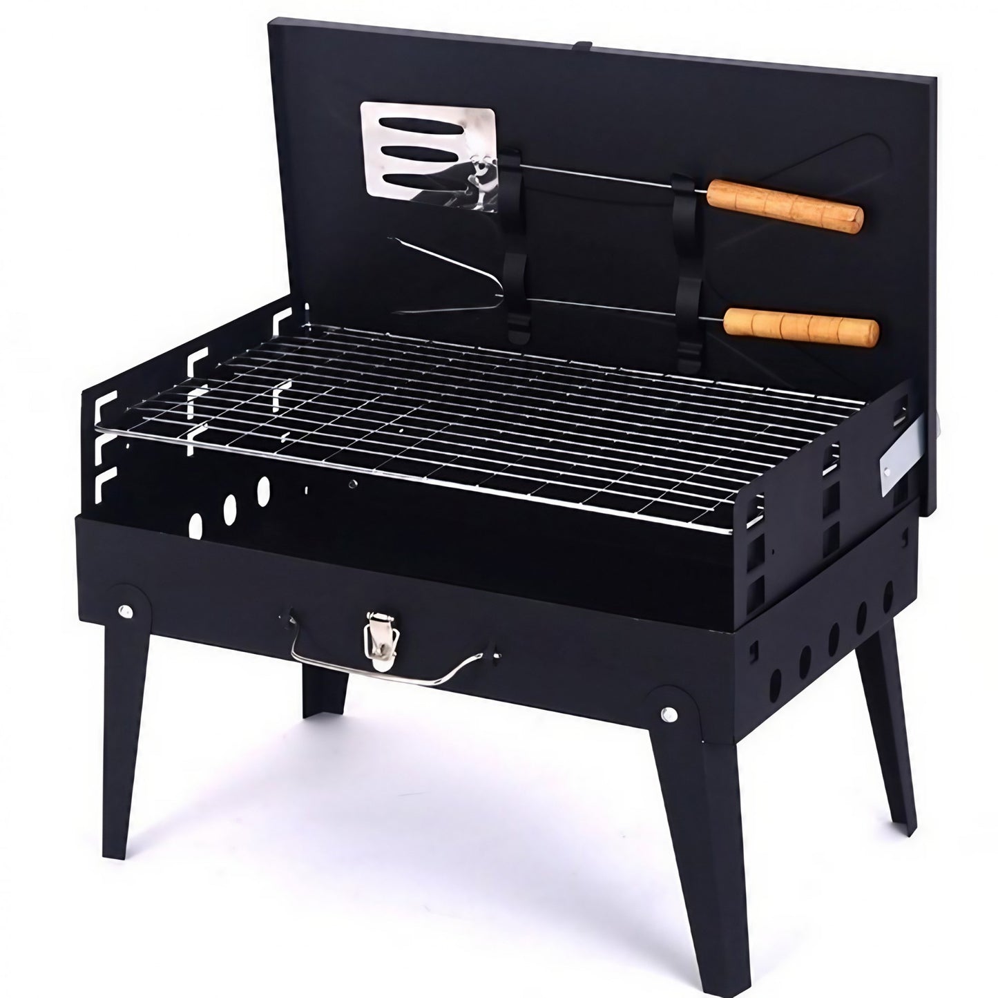 Gratar Portabil, Klevo, Pliabil, Tip Servieta, cu Accesorii pentru Gatit Incluse, Confectionat din Metal, 46x43x26 cm, Negru
