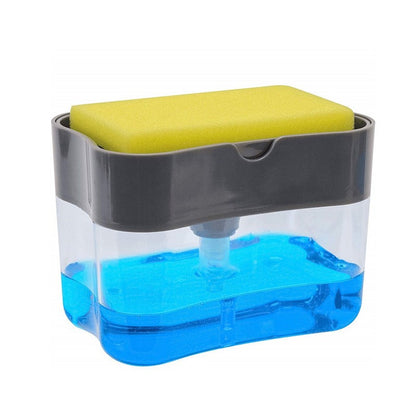 Dozator Klevo, Dispenser 2 in 1 pentru Detergent Lichid de Vase sau pentru Obiecte Sanitare cu Suport pentru Burete de Bucatarie ,14 x 10.5 x 10 cm, capacitate 380 ml, gri