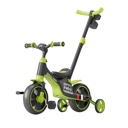 Bicicleta Multifunctionala pentru Copii, Klevo, 3 in 1 Bicicleta Troller Tricicleta, 2-6 ani, cu Roti Auxiliare, Ghidon si Scaun Reglabil, 93 x 78 x 43 cm, Negru Verde