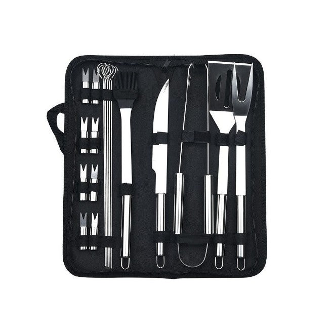 Set 18 Ustensile pentru Gratar, Klevo, din Otel Inoxidabil, Geanta Oxford, Argintiu