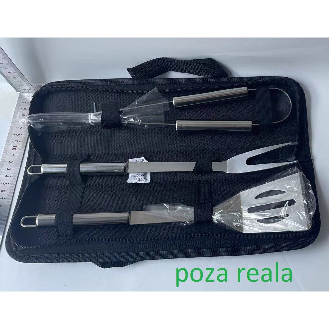 Set 3 Ustensile pentru Gratar, Klevo, din Otel Inoxidabil, Geanta Oxford, Argintiu