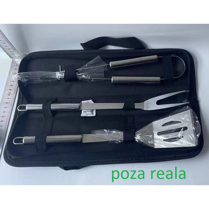 Set 3 Ustensile pentru Gratar, Klevo, din Otel Inoxidabil, Geanta Oxford, Argintiu