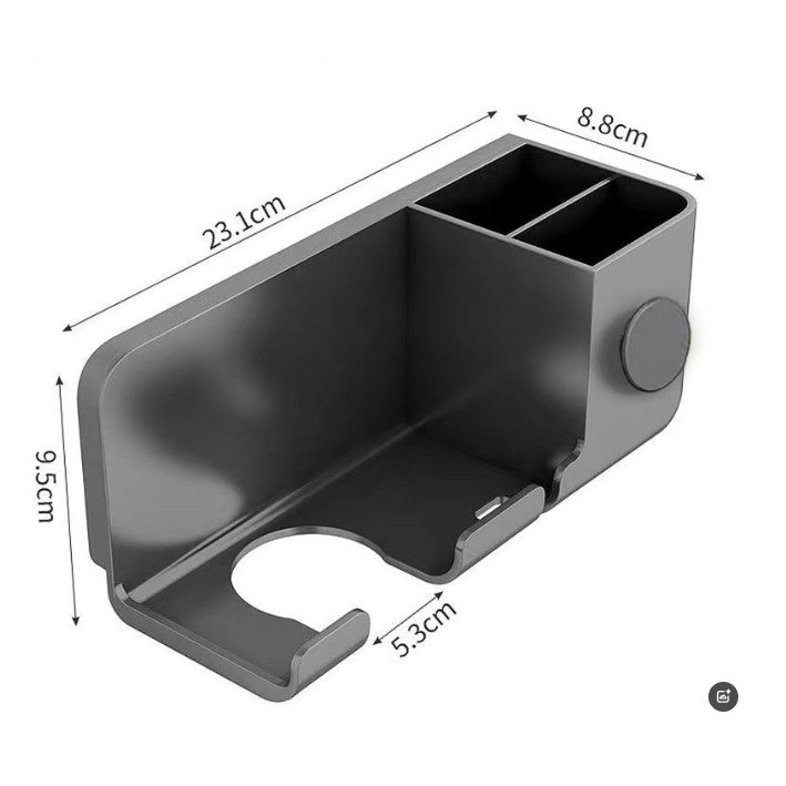 Suport de Baie, Klevo, pentru Uscator de Par, cu Organizator Dublu, din Plastic, Aplicare cu Suport Adeziv, 23 x 8.8 x 9.5 cm, Gri