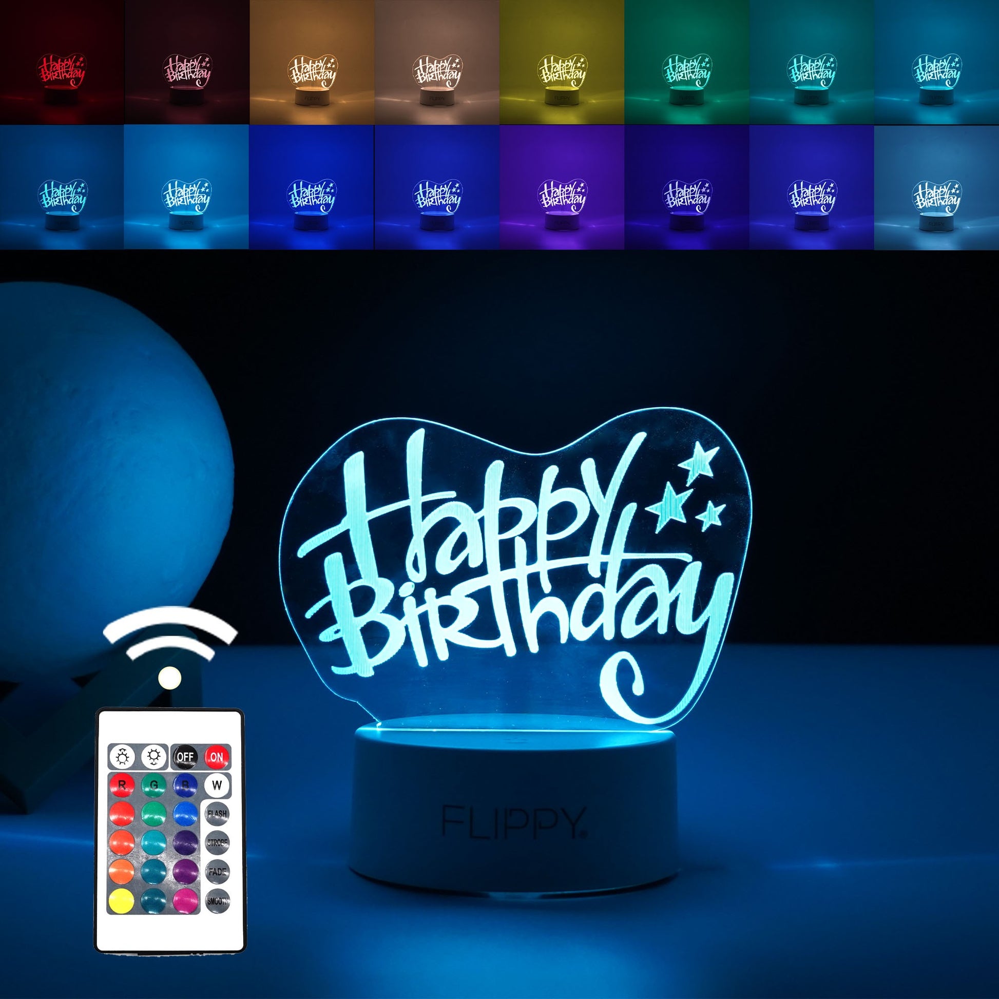 Lampa LED decorativa, Klevo, 3D, Happy Birthday, cu USB si baterii, 20 cm inaltime, din material acril, lumina multicolora si telecomanda inclusa, alb