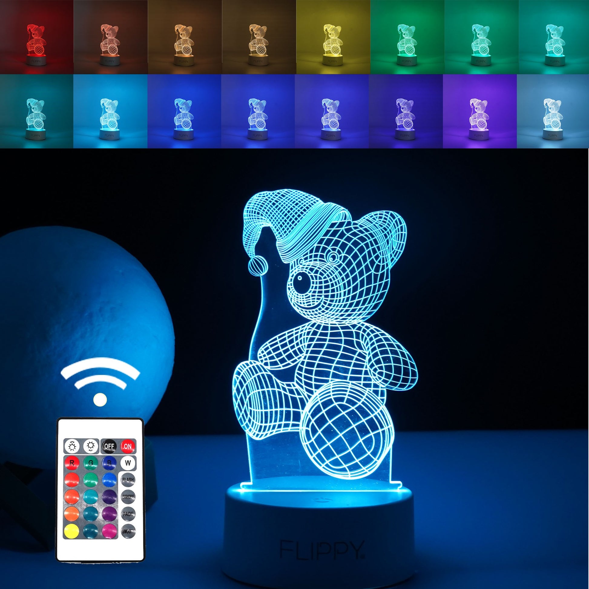 Lampa LED decorativa, Klevo, 3D, Urs cu palarie, cu telecomanda, doua moduri de alimentare USB si baterii, 20 cm inaltime, din material acril si lumina multicolora, alb