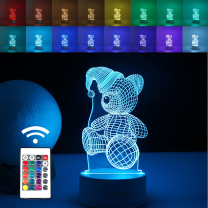 Lampa LED decorativa, Klevo, 3D, Urs cu palarie, cu telecomanda, doua moduri de alimentare USB si baterii, 20 cm inaltime, din material acril si lumina multicolora, alb
