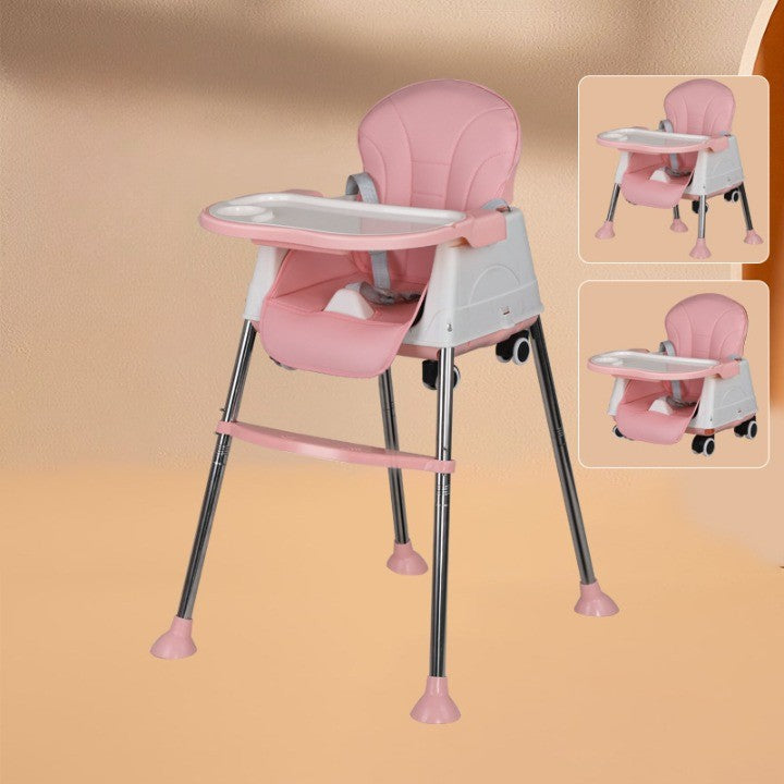 Scaun de Masa Pliabil 3in1, Klevo, Reglabil, Multifunctional, 3 Pozitii, Masuta si Husa Detasabile, Roti, Centura de Siguranta, Ajustare Inaltime, Roz