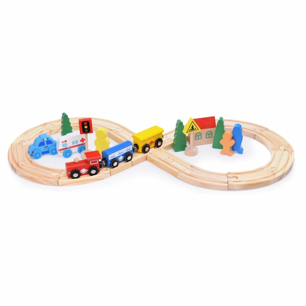 Set Circuit Trenulet din Lemn, Klevo, 33 Piese, Trenulet Magnetic, Jucarie Educativa Montessori, Masini de Interventie si Accesorii Urbane, 3 ani+, Multicolor