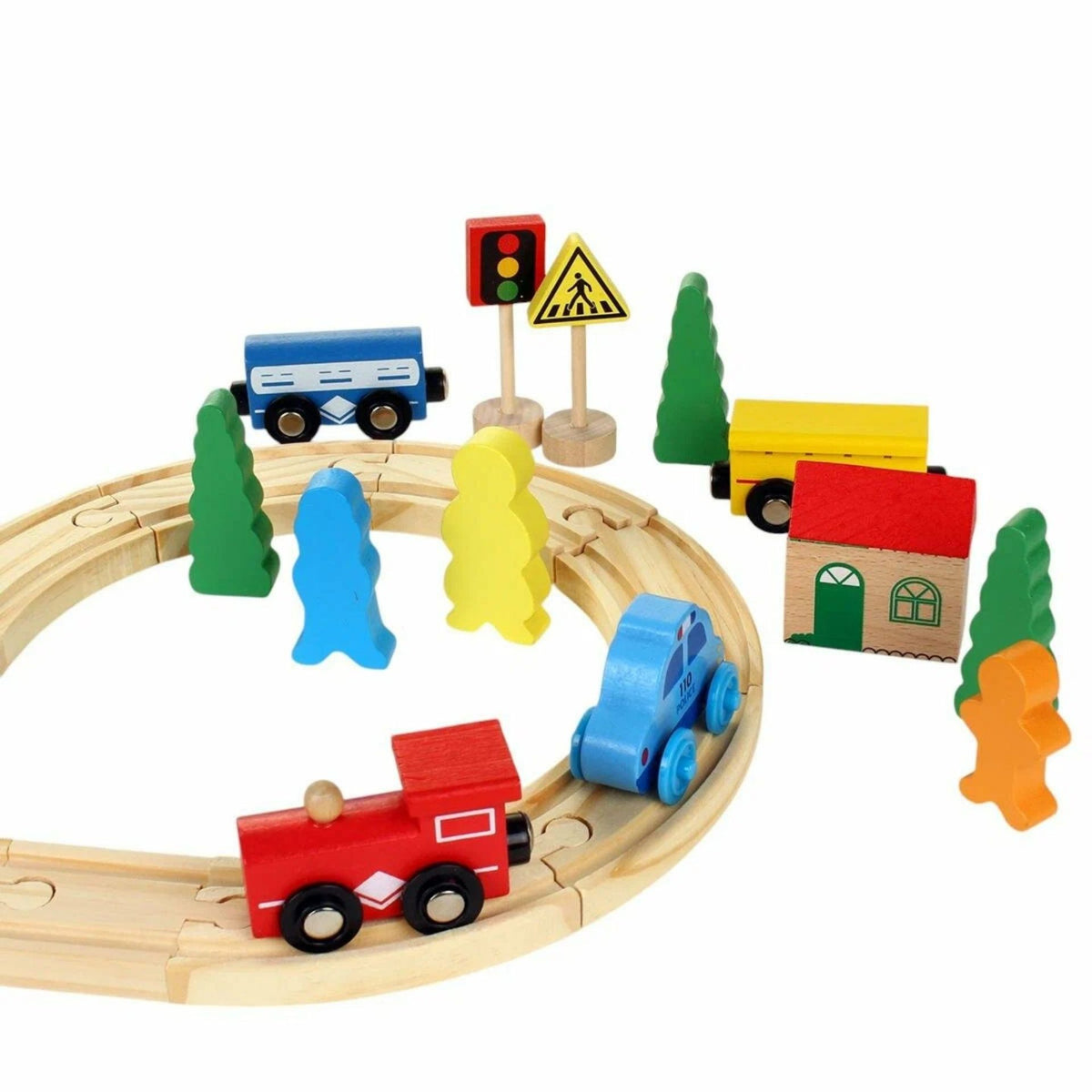 Set Circuit Trenulet din Lemn, Klevo, 33 Piese, Trenulet Magnetic, Jucarie Educativa Montessori, Masini de Interventie si Accesorii Urbane, 3 ani+, Multicolor