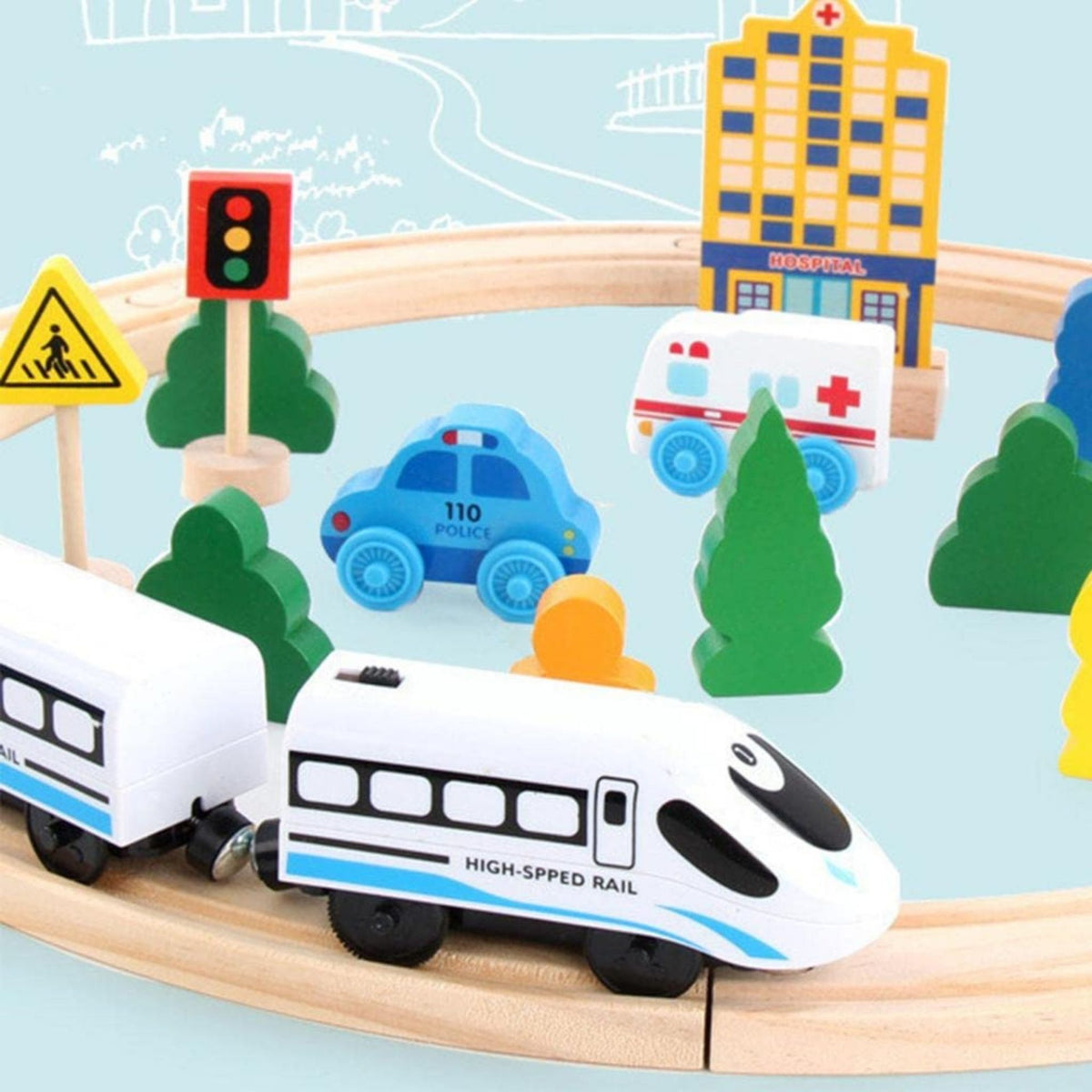 Set Circuit Trenulet din Lemn, Klevo, Locomotiva Electrica cu Sine de Lemn, 26 Piese, Jucarie Educativa Montessori, Tren de Mare Viteza, Masini de Interventie si Accesorii Oras, 3 ani+, Multicolor