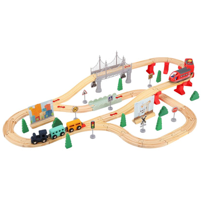 Set Circuit Trenulet din Lemn, Klevo, Locomotiva Electrica cu Sine de Lemn, 72 Piese, Jucarie Educativa Montessori, Circuit Feroviar cu Pod, Accesorii Oras si Santier, 3 ani+, Multicolor