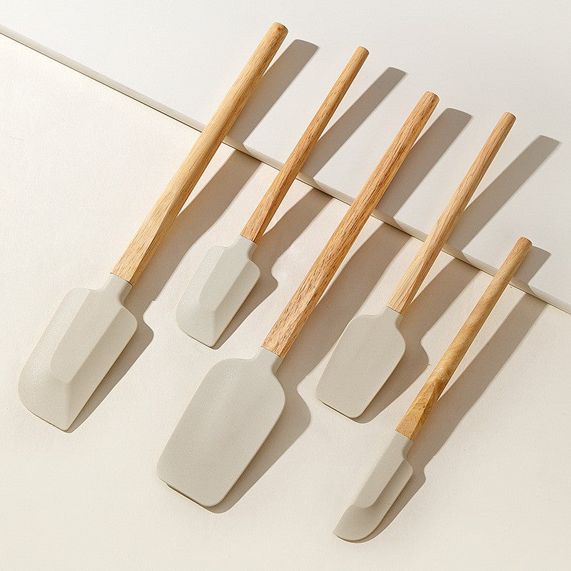 Set 5 Ustensile de Bucatarie, Klevo, din Silicon si Lemn, Spatule de Diferite Dimensiuni, Termorezistente, Antiaderente, Bej-Maro