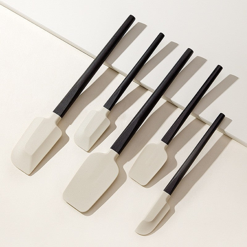 Set 5 Ustensile de Bucatarie, Klevo, din Silicon si Lemn, Spatule de Diferite Dimensiuni, Termorezistente, Antiaderente, Alb-Negru