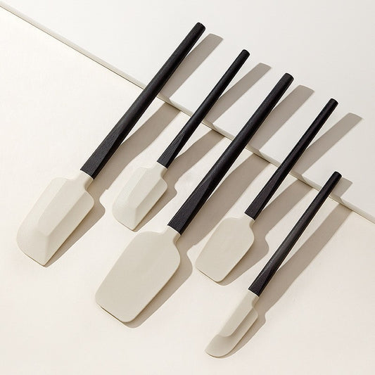 Set 5 Ustensile de Bucatarie, Klevo, din Silicon si Lemn, Spatule de Diferite Dimensiuni, Termorezistente, Antiaderente, Alb-Negru
