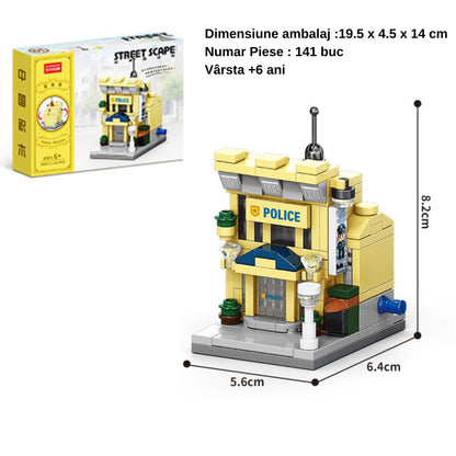 Set de Constructie, Klevo, Jucarie Educativa STEM,  141 Piese, Model 3D, +6 Ani, Colectia Strada Comerciala Europeana, 6.4 x 5.6 x 8.2 cm, Galben/Gri