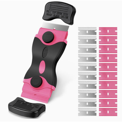 Racleta Multifunctionala pentru Curatare Sticla si Ceramica, Klevo, Design Ergonomic, Maner Anti-alunecare, Include 20 de Lame de Schimb, 12,5 x 4,5 cm, Roz