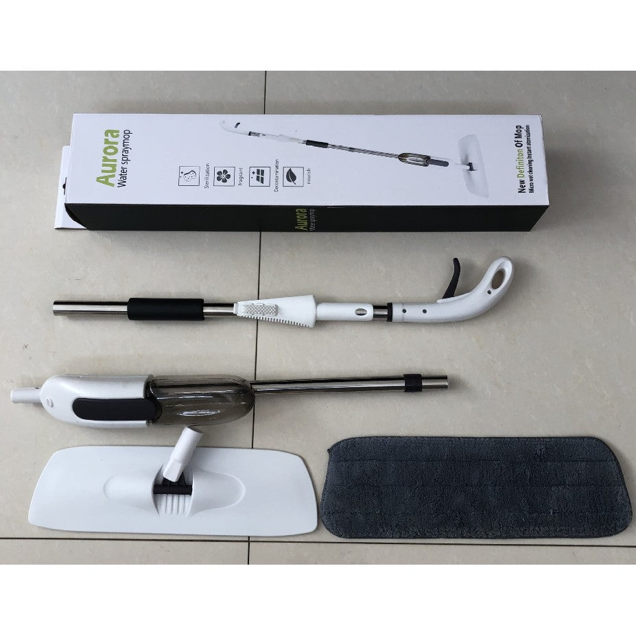 Mop plat, Klevo, cu pulverizator, pentru uz casnic, plastic, rezerva de mop din microfibra, 125x40 cm, Alb/Negru