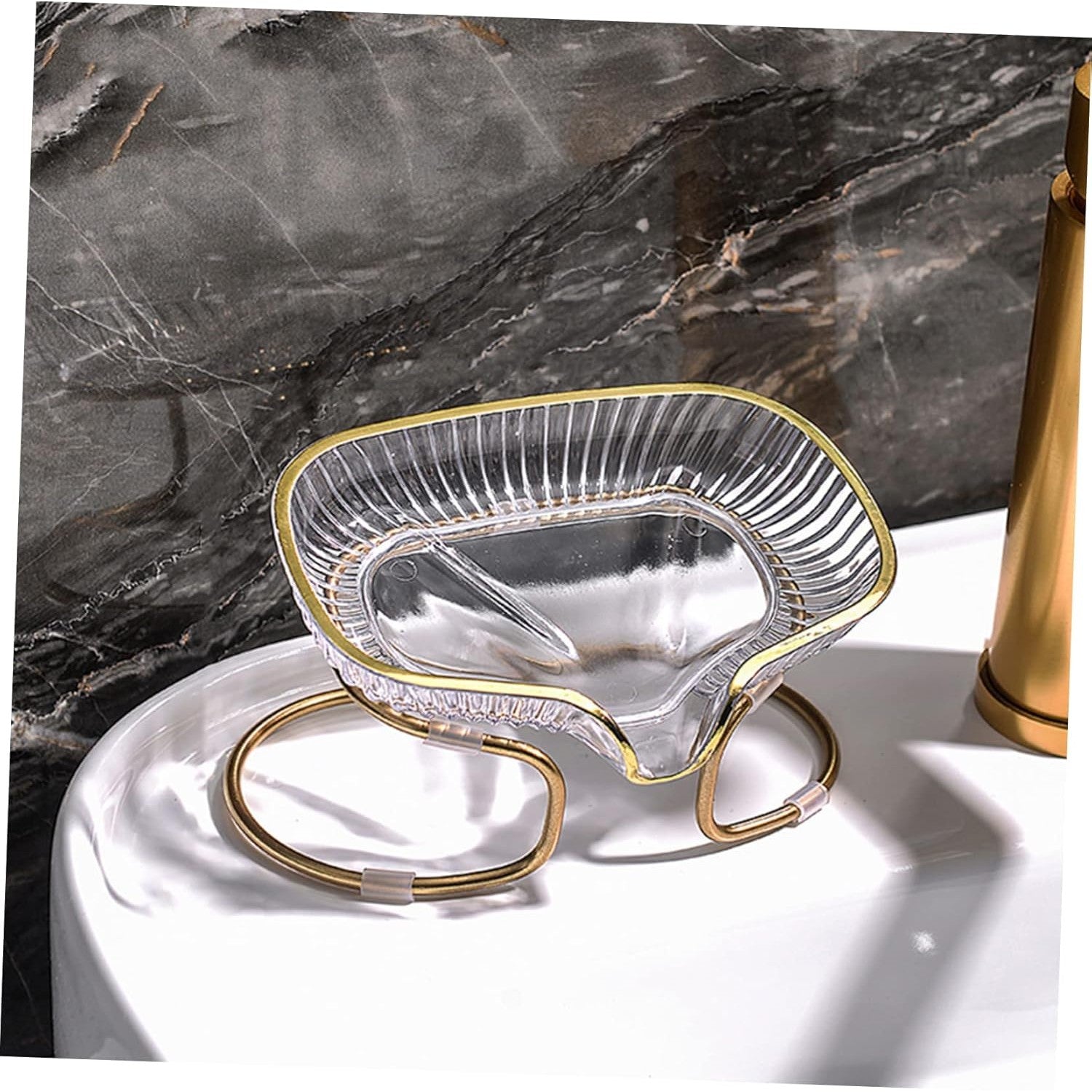 Savoniera cu Suport, Klevo, Sistem de Scurgere a Apei, Margine Aurie, 14 x 8.5 x 9 cm, din TPE, Transparent