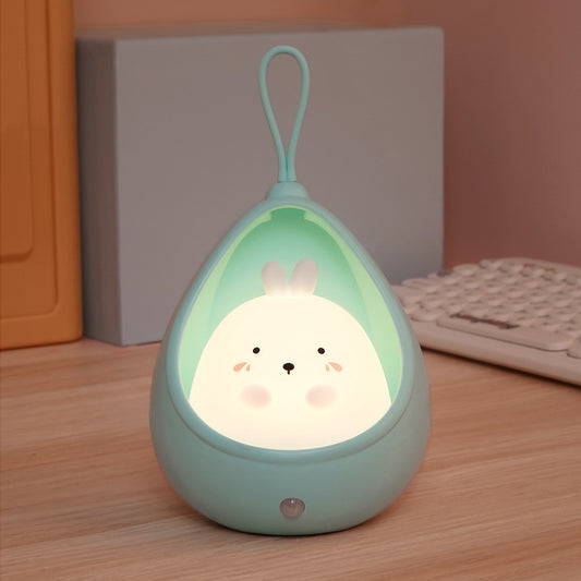 Lampa de veghe portabila cu 2 moduri de functionare Klevo, silicon non-toxic, reincarcabila USB, senzor miscare, albastru, iepuras