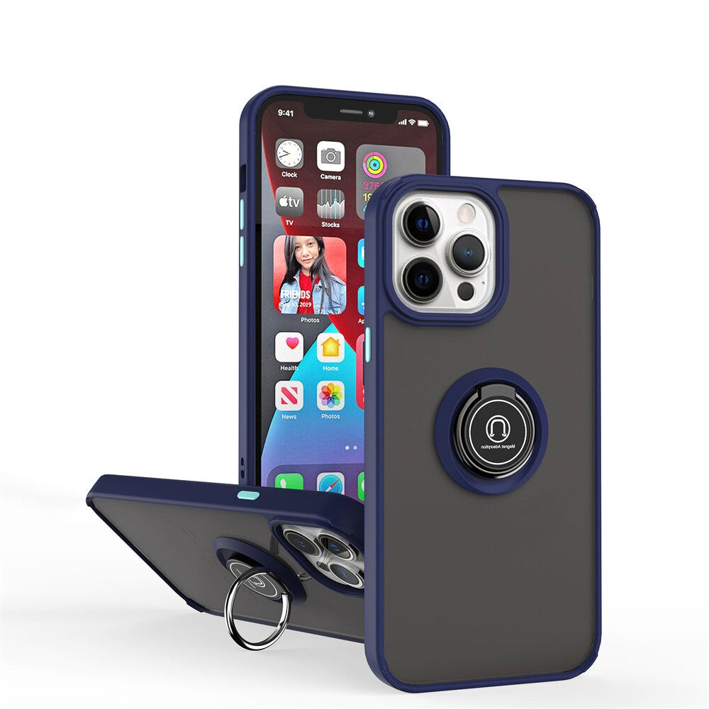 Husa Anti Fall Metal Bracket pentru Apple iPhone 14 Pro Max, Rezistenta la socuri, Margini colorate, Cu inel de prindere magnetic, Klevo, Albastru