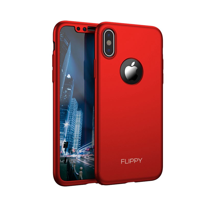 Set Husa si Folie de Protectie, Klevo, Compatibila cu Apple iPhone X, Full Cover 360°, Plastic + Sticla, Rosu
