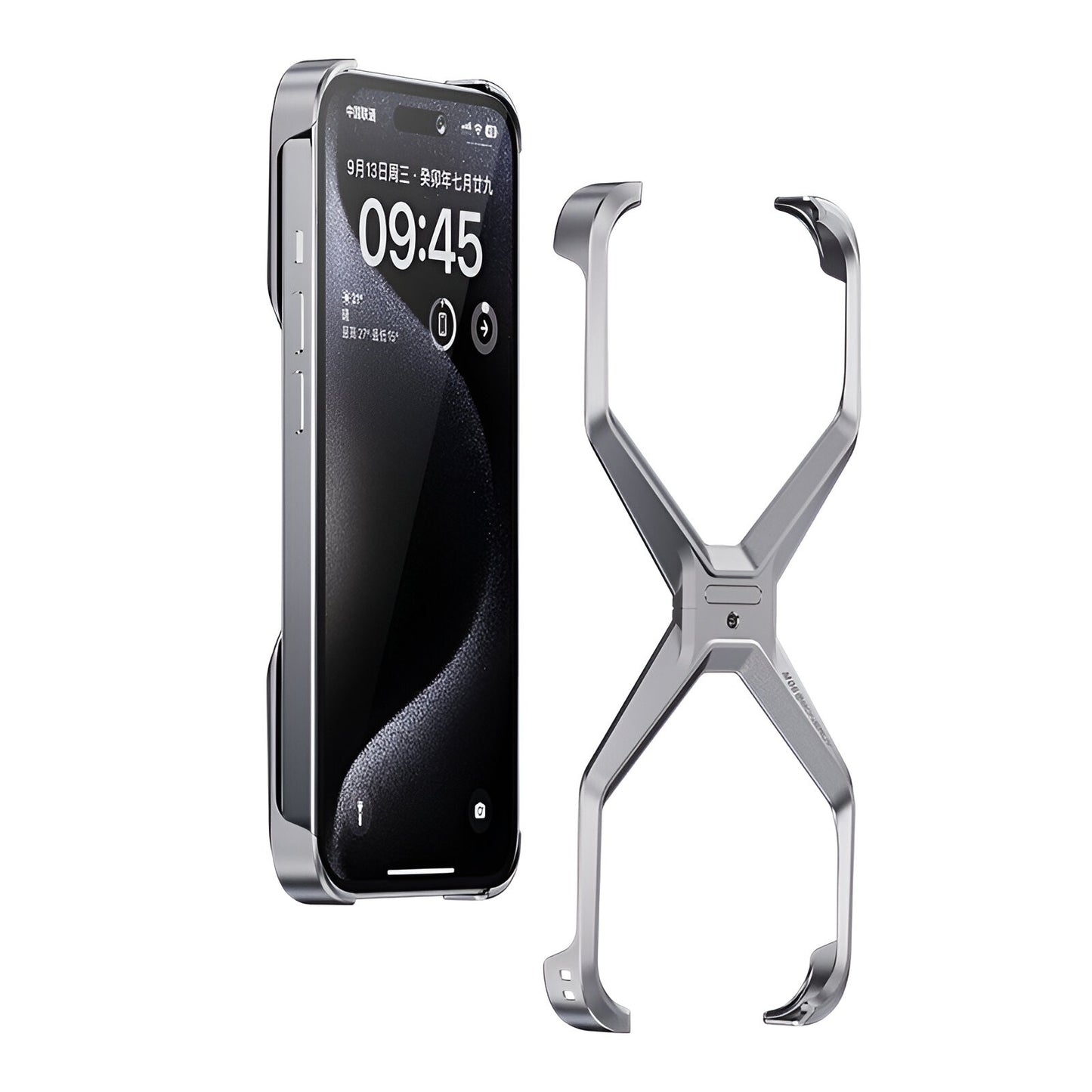 Husa Armor X Compatibila cu iPhone 15 Pro, Klevo, Aliaj de Aluminiu, Antisoc, Antizgarieturi, Impermeabila, Margini cu 2 Straturi, Aderent, Montare Usoara, Surubelnita Inclusa, Gri Metalizat