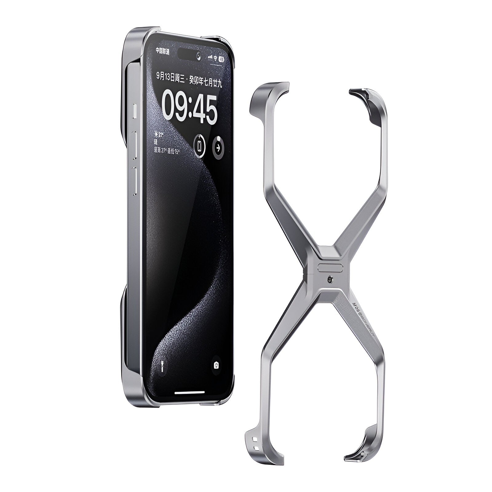 Husa Armor X Compatibila cu iPhone 15 Pro Max, Klevo, Aliaj de Aluminiu, Antisoc, Antizgarieturi, Impermeabila, Margini cu 2 Straturi, Aderent, Montare Usoara, Surubelnita Inclusa, Gri Metalizat
