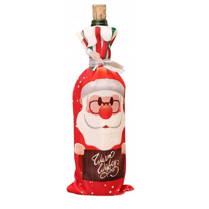 Husa Craciun pentru sticla de vin Klevo, tema Mos Craciun, material textil, 34 cm, multicolor