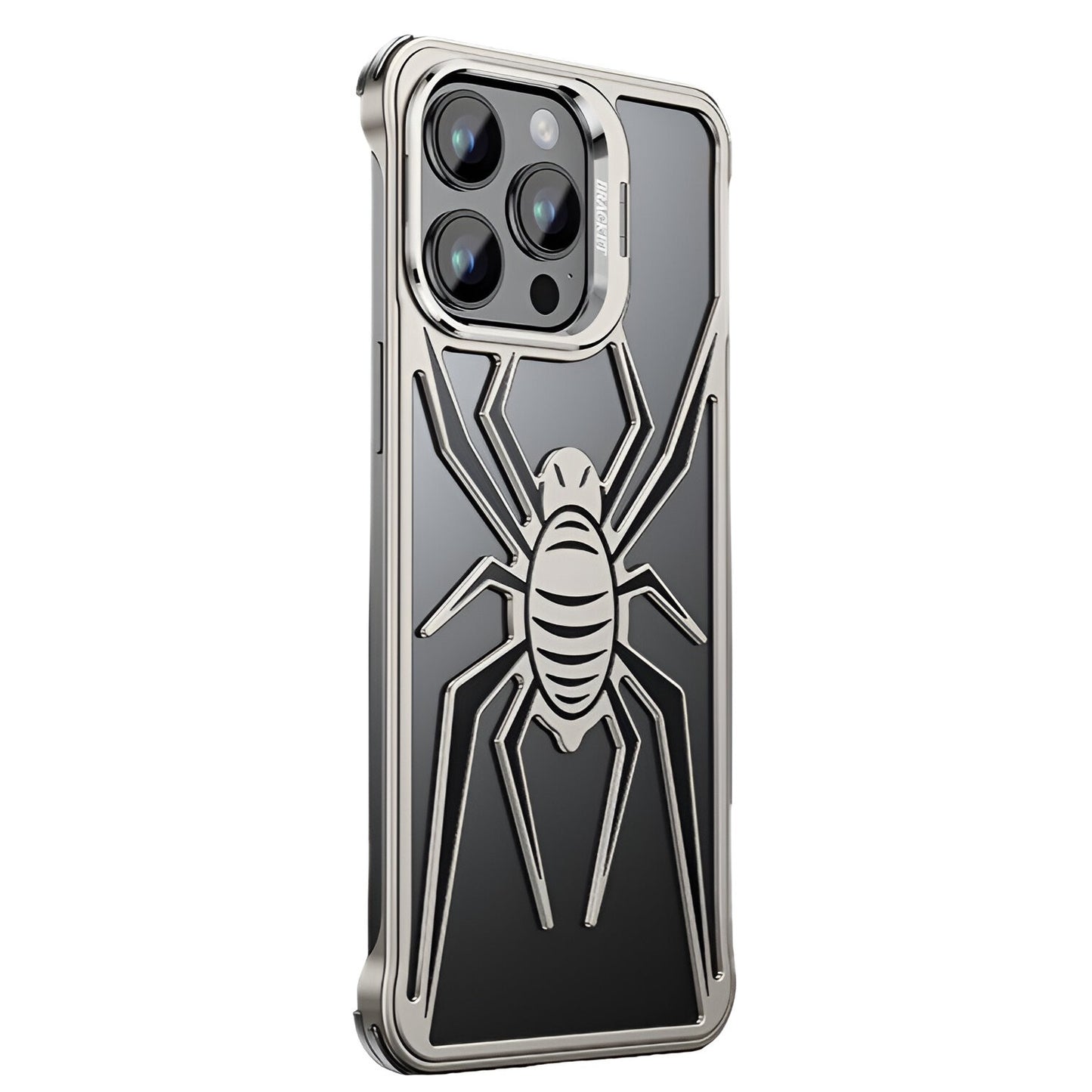 Husa de Protectie Compatibila iPhone 15 Pro, cu Suport Metalic pentru Camera, Armor Protective Series, Klevo, Antisoc, Protectie de Metal pe Margini, Model Paianjen, Negru Gri