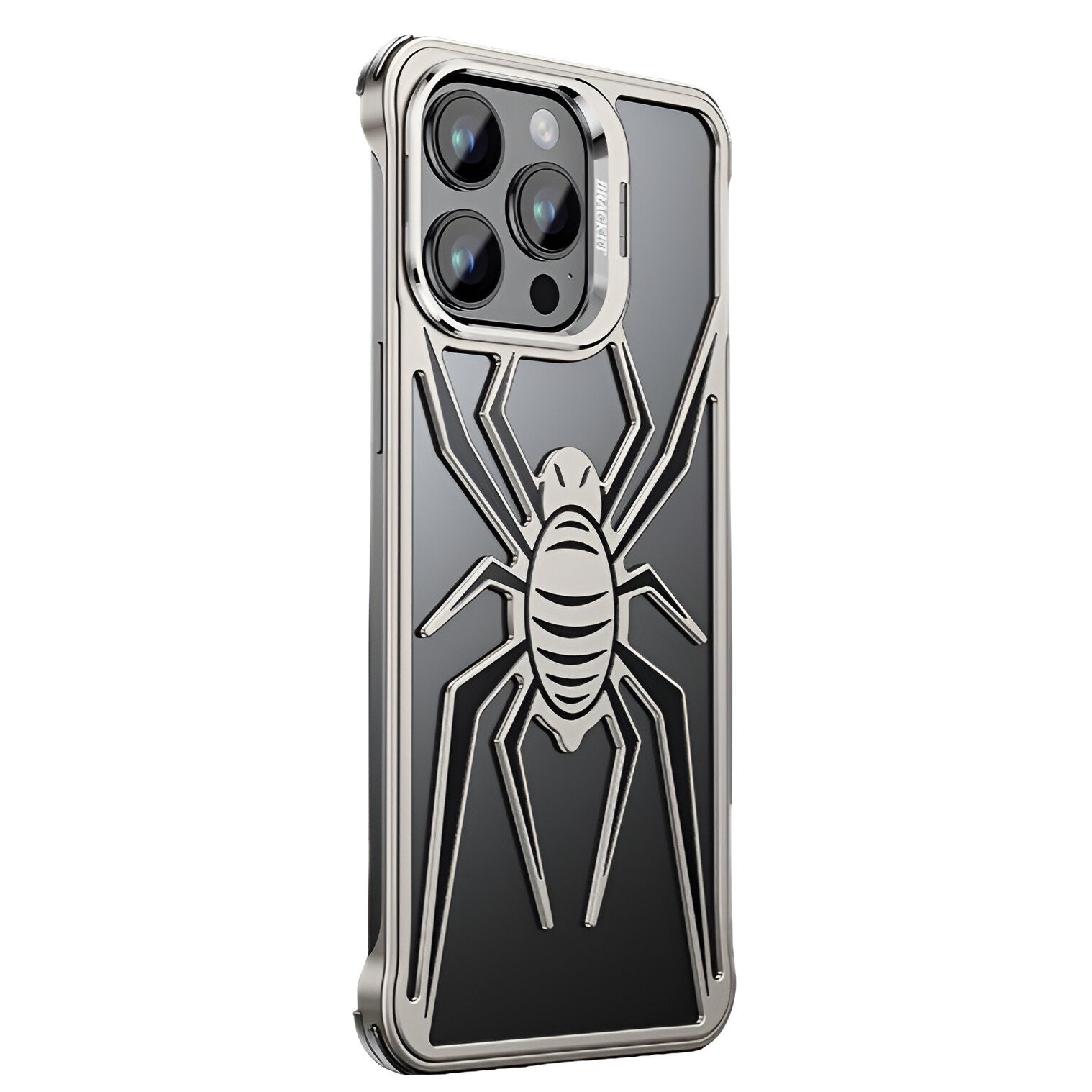 Husa de Protectie Compatibila iPhone 15 Pro, cu Suport Metalic pentru Camera, Armor Protective Series, Klevo, Antisoc, Protectie de Metal pe Margini, Model Paianjen, Negru Gri