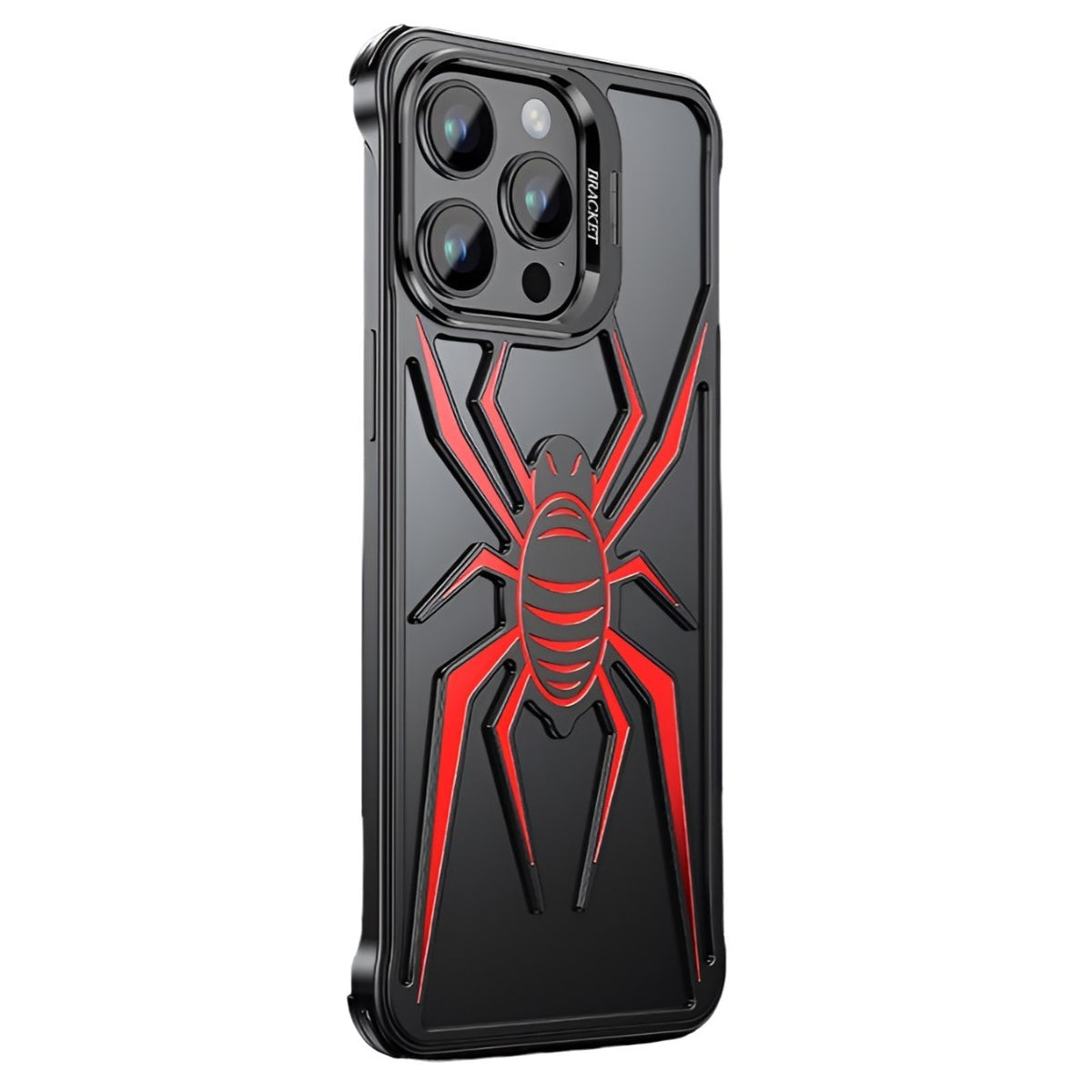 Husa de Protectie Compatibila iPhone 15 Pro Max, cu Suport Metalic pentru Camera, Armor Protective Series, Klevo, Antisoc, Protectie de Metal pe Margini, Model Paianjen, Negru Rosu