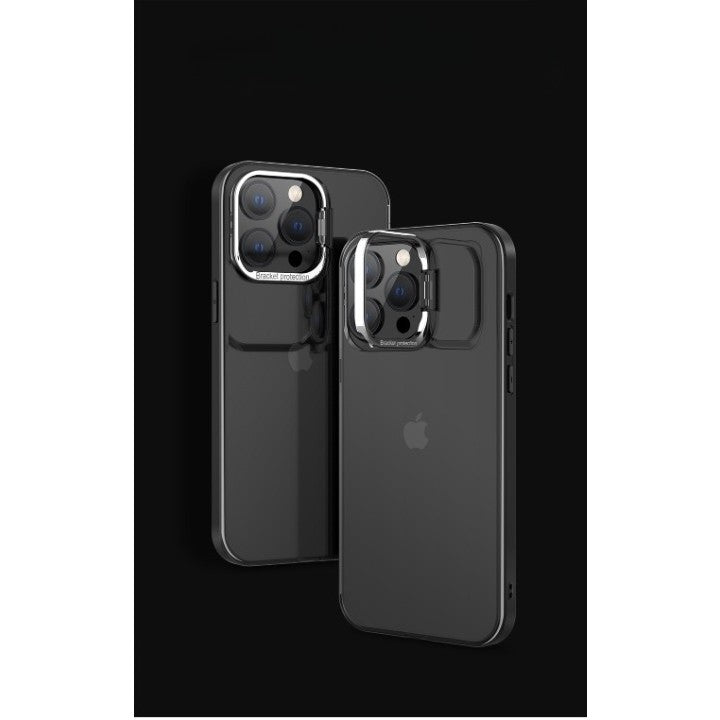 Husa de protectie pentru iPhone 14, cu suport metalic pentru camera, Bracket Series, Klevo, Protectie Antisoc, PC mat, silicon moale pe margini, Negru