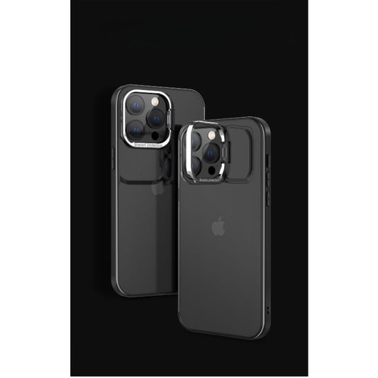 Husa de protectie pentru iPhone 14, cu suport metalic pentru camera, Bracket Series, Klevo, Protectie Antisoc, PC mat, silicon moale pe margini, Negru