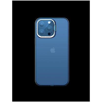 Husa de protectie pentru iPhone 14, cu suport metalic pentru camera, Bracket Series, Klevo, Protectie Antisoc, PC mat, silicon moale pe margini, Albastru