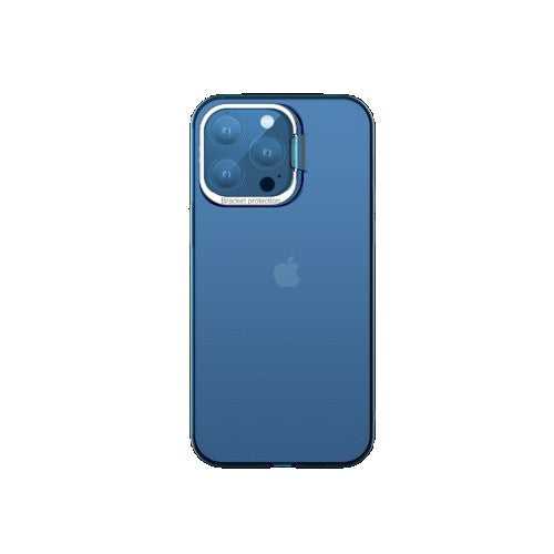 Husa de protectie pentru iPhone 14 Pro Max, cu suport metalic pentru camera, Bracket Series, Klevo, Protectie Antisoc, PC mat, silicon moale pe margini, Albastru