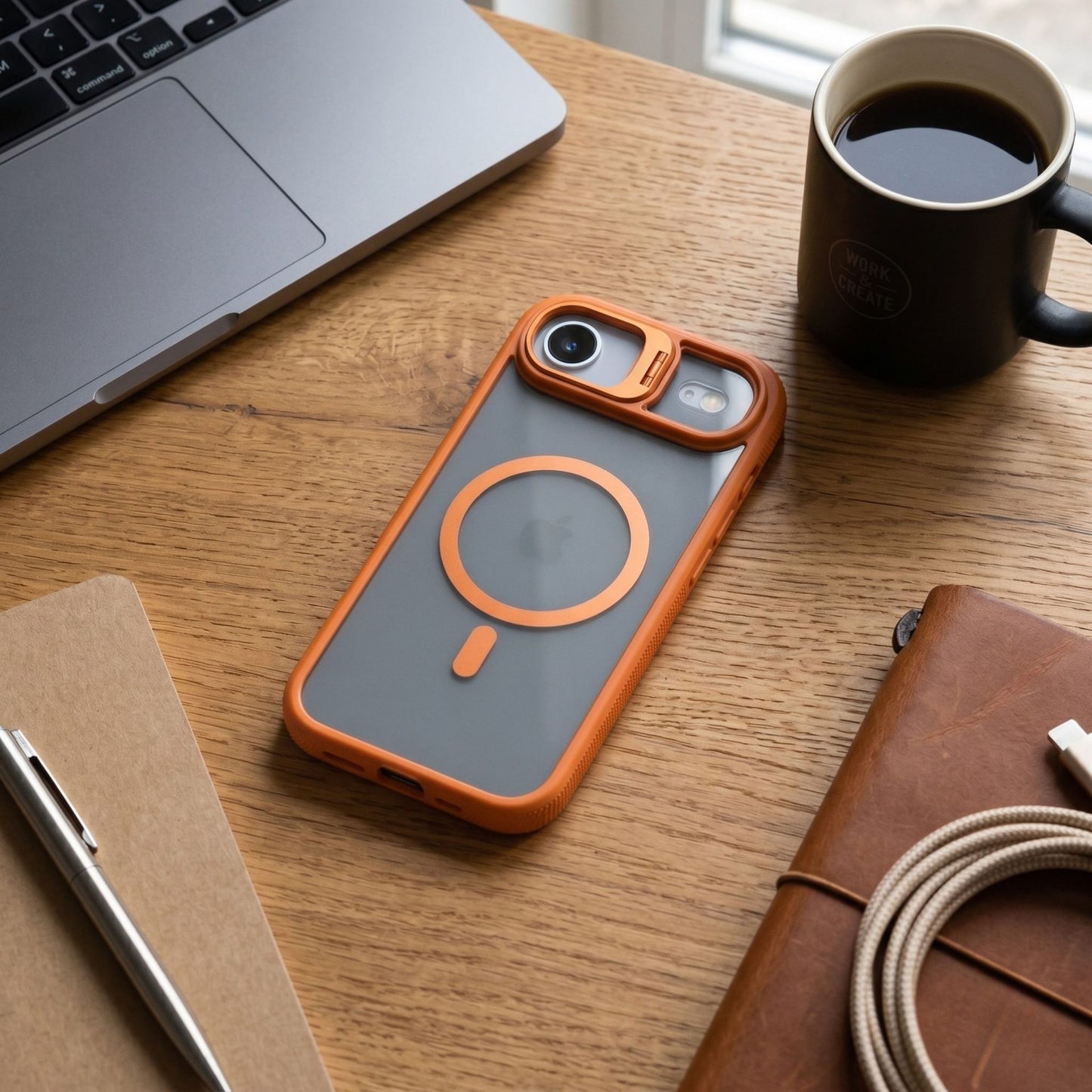 Husa de Protectie Telefon, Klevo, Compatibila cu iPhone 17 Air, MagSafe, Acrylic, Suport Metalic Protectie Camera, Anti-Soc, Portocaliu