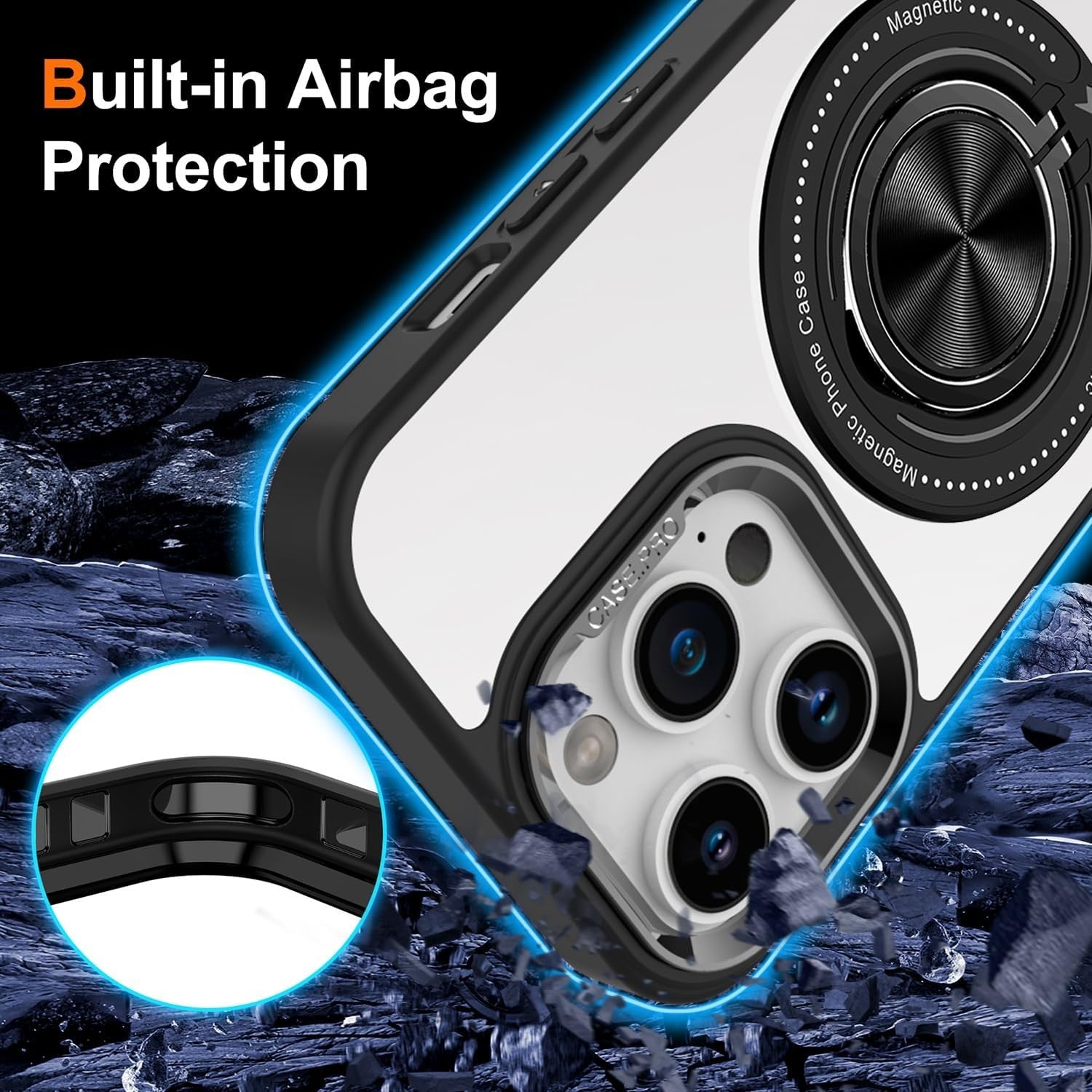 Husa de Protectie TPU, Klevo, pentru iPhone 16 Pro, Anticadere, cu Incarcare Wireless, Tehnologie Magsafe, Inel Magnetic Rotativ cu Functie de Suport, Transparent-Negru