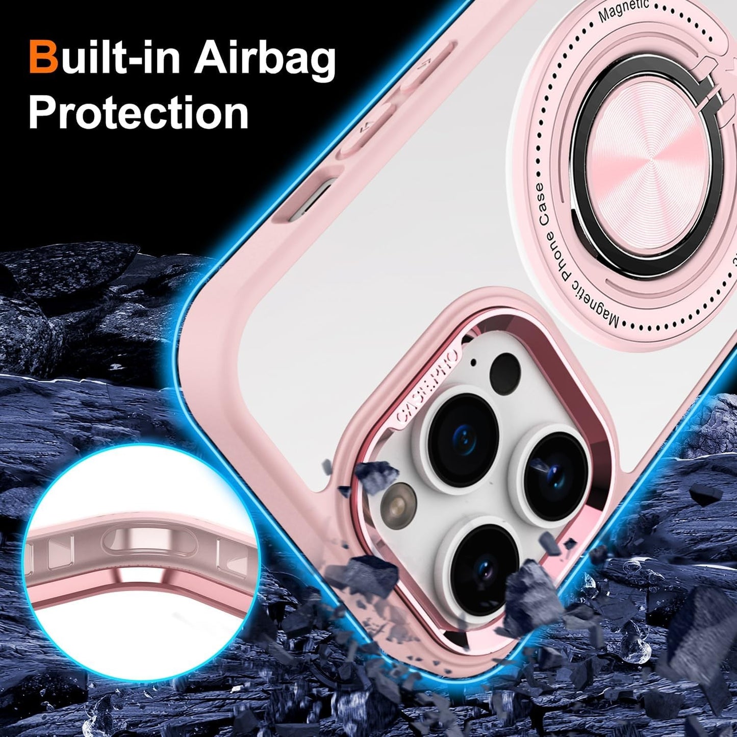 Husa de Protectie TPU, Klevo, pentru iPhone 16 Pro, Anticadere, cu Incarcare Wireless, Tehnologie Magsafe, Inel Magnetic Rotativ cu Functie de Suport, Transparent-Roz