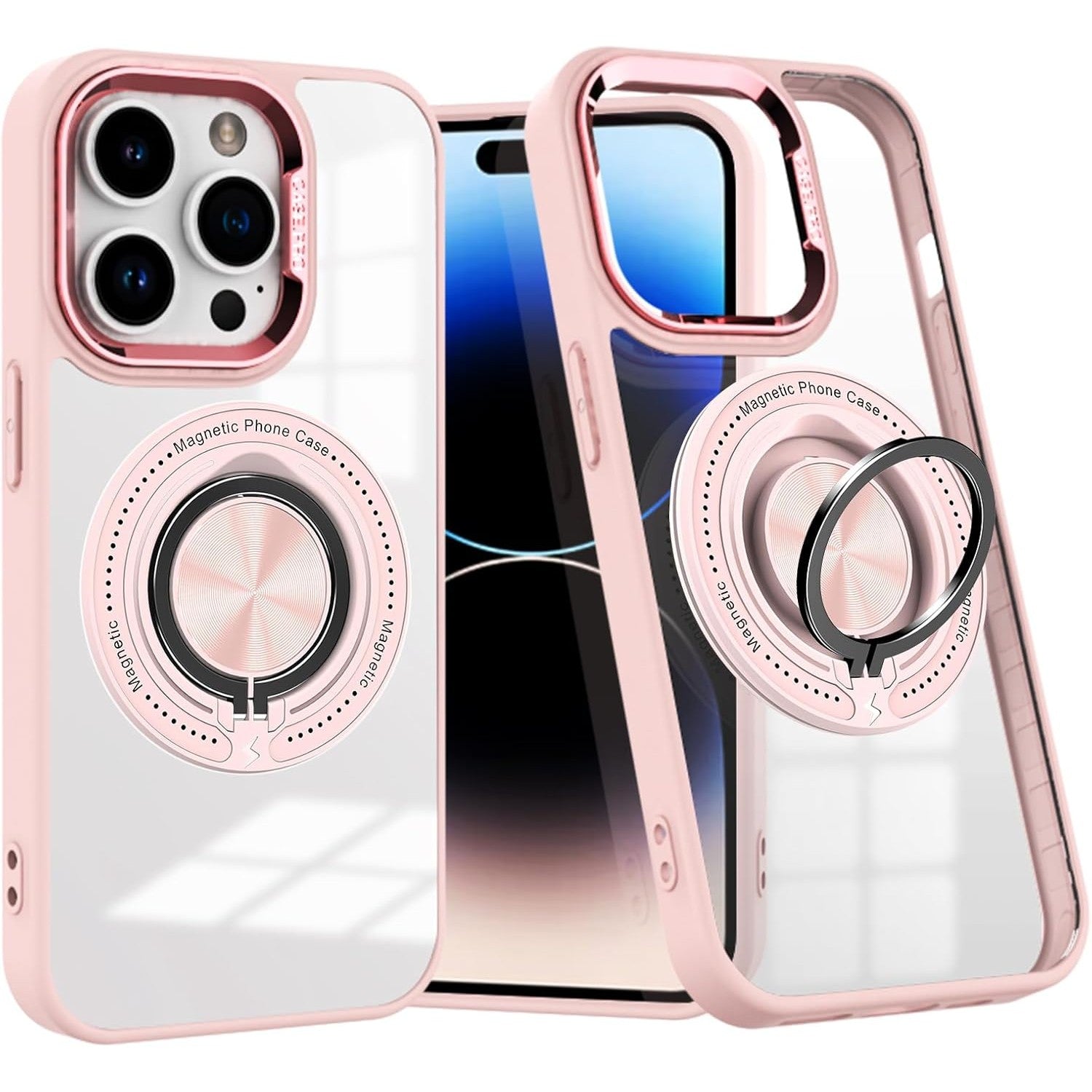 Husa de Protectie TPU, Klevo, pentru iPhone 16 Pro, Anticadere, cu Incarcare Wireless, Tehnologie Magsafe, Inel Magnetic Rotativ cu Functie de Suport, Transparent-Roz