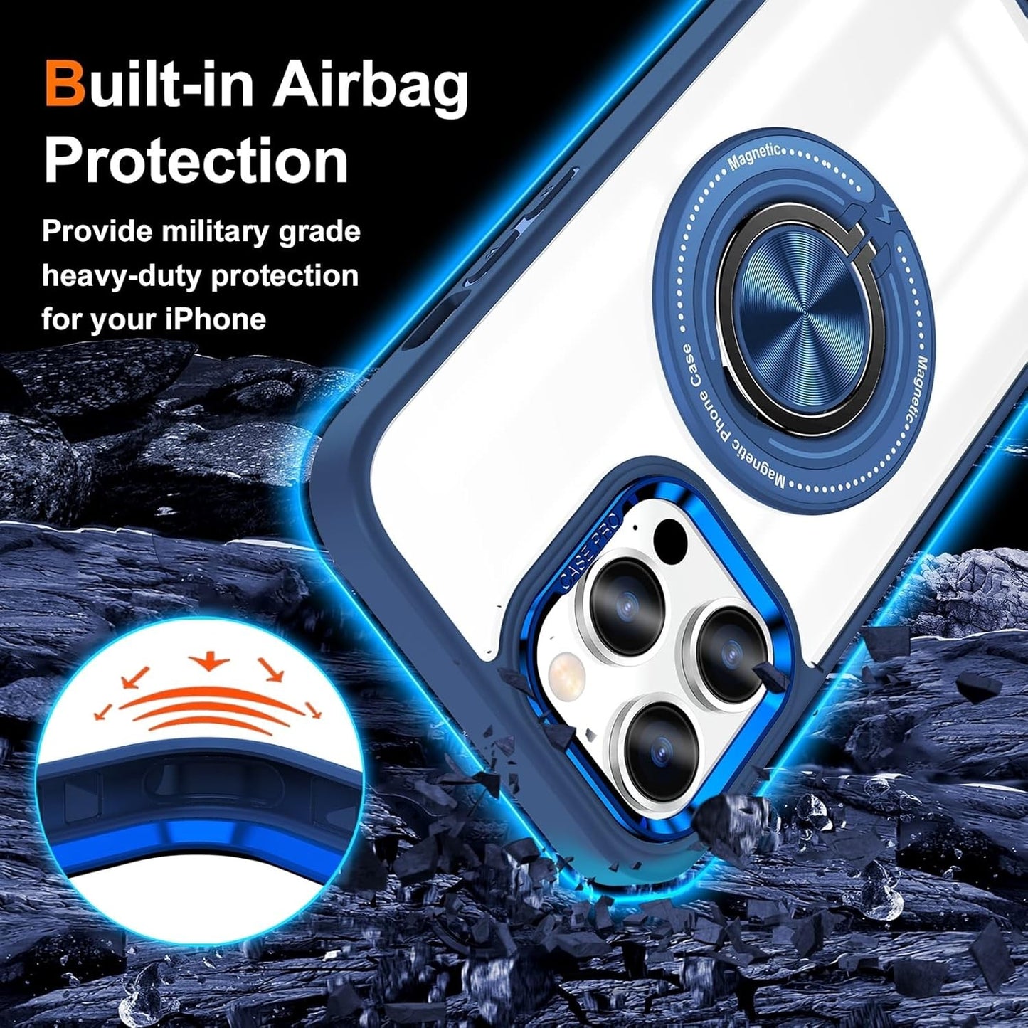 Husa de Protectie TPU, Klevo, pentru iPhone 16 Pro, cu Incarcare Wireless, Tehnologie Magsafe, Inel Magnetic Rotativ cu Functie de Suport, Transparent-Albastru Inchis