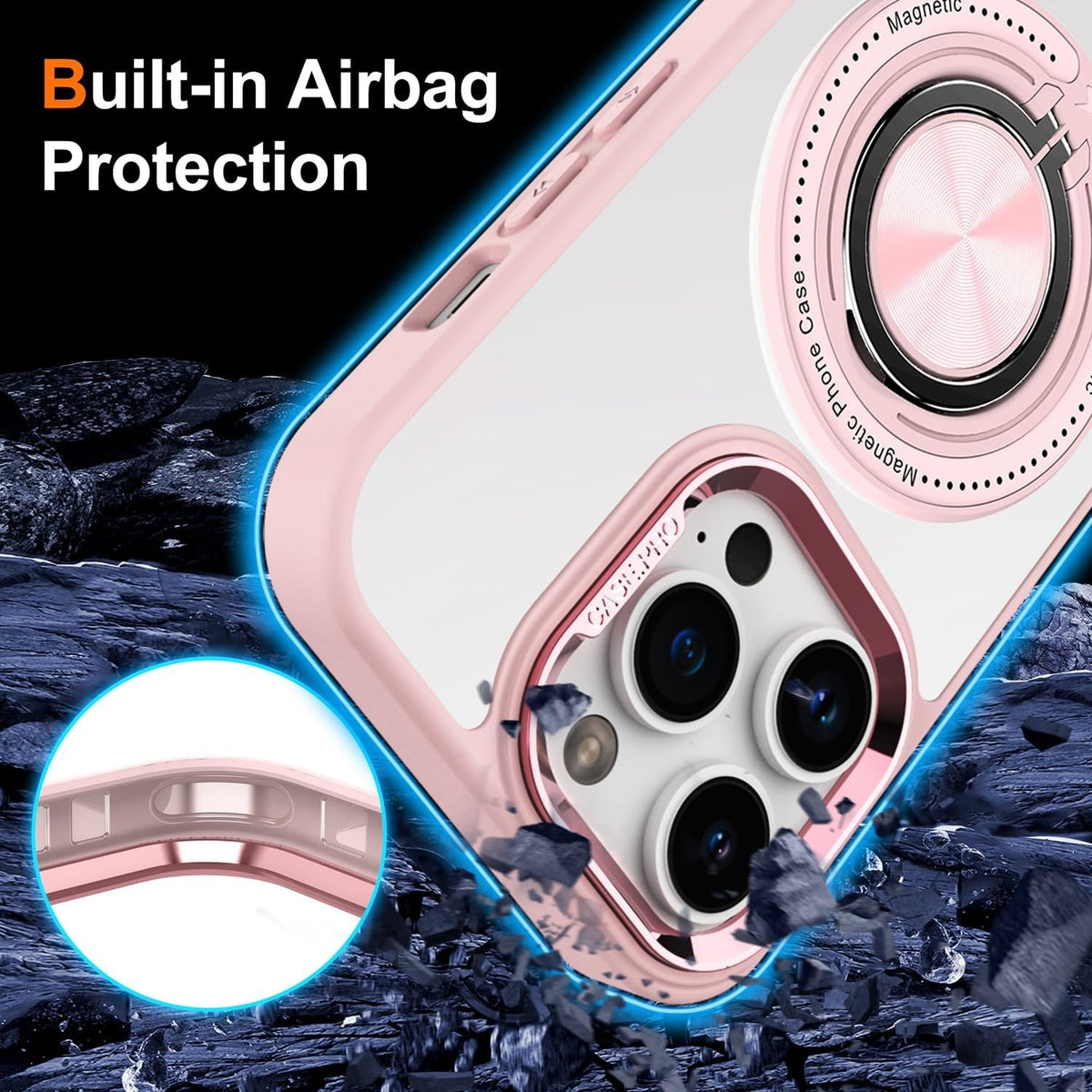 Husa de Protectie TPU, Klevo, pentru iPhone 16 Pro Max, Anticadere, cu Incarcare Wireless, Tehnologie Magsafe, Inel Magnetic Rotativ cu Functie de Suport, Transparent-Roz