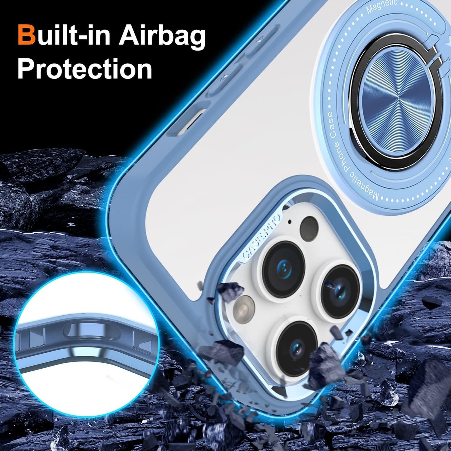 Husa de Protectie TPU, Klevo, pentru iPhone 16 Pro Max, Anticadere, cu Incarcare Wireless, Tehnologie Magsafe, Inel Magnetic Rotativ cu Functie de Suport, Transparent-Albastru Deschis