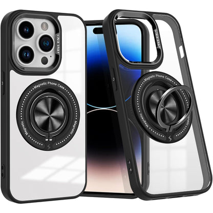 Husa de Protectie TPU, Klevo, pentru iPhone 16 Pro Max, Anticadere, cu Incarcare Wireless, Tehnologie Magsafe, Inel Magnetic Rotativ cu Functie de Suport, Transparent-Negru