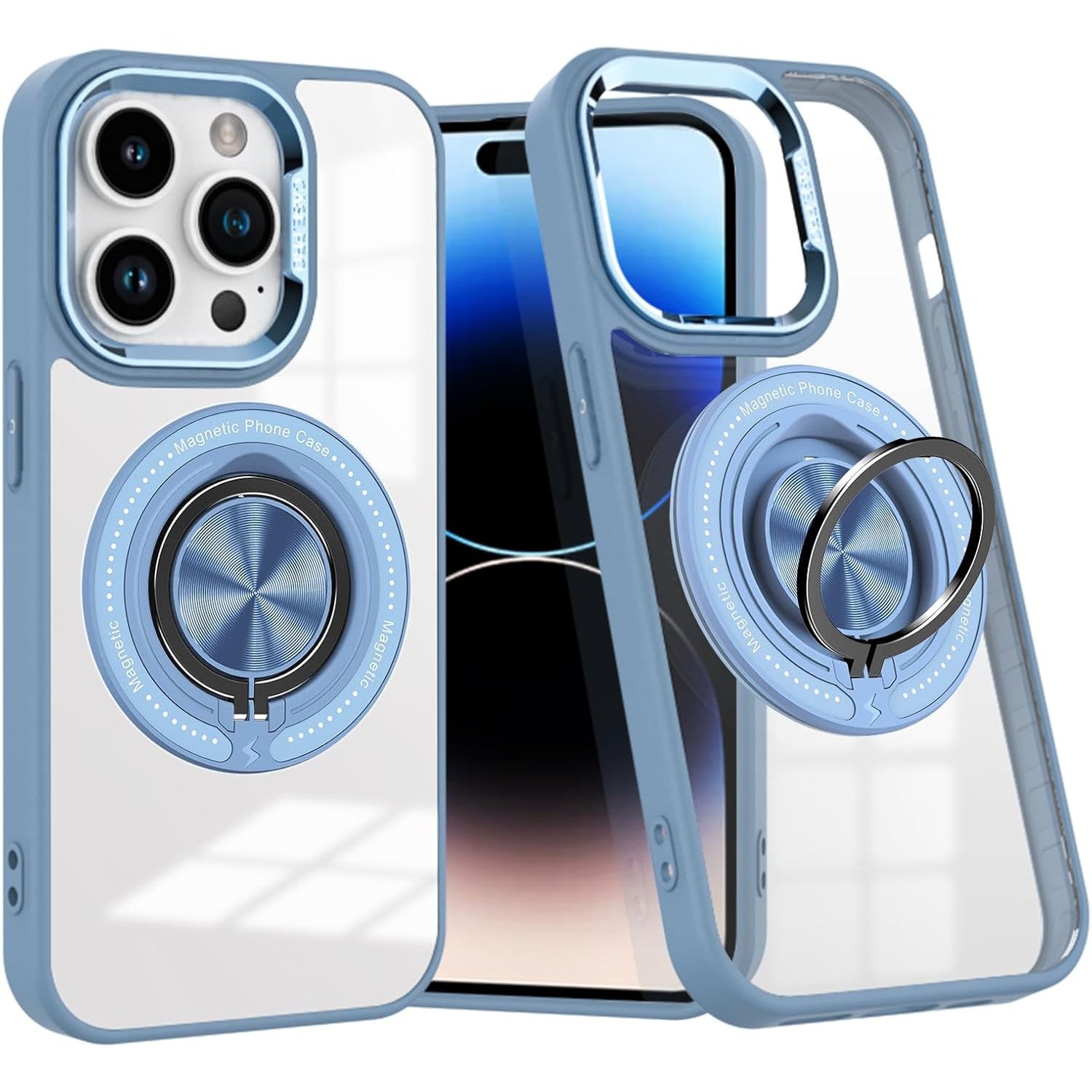Husa de Protectie TPU, Klevo, pentru iPhone 16 Pro Max, Anticadere, cu Incarcare Wireless, Tehnologie Magsafe, Inel Magnetic Rotativ cu Functie de Suport, Transparent-Albastru Deschis