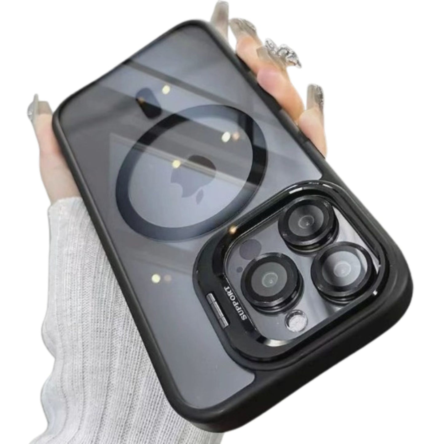 Husa de Protectie Telefon, Klevo, Compatibila cu iPhone 17 Pro Max, MagSafe, Acrylic, Suport Metalic Protectie Camera, Anti-Soc, Transparent/Negru